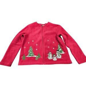 Croft & Barrow Red Fleece Snowman Christmas Zip Cardigan Petite PS Holiday